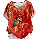 domirica Flower Bird Printed Loose Boho Shirts Women Plus Size Summer Crew Neck Short Sleeve Blouses