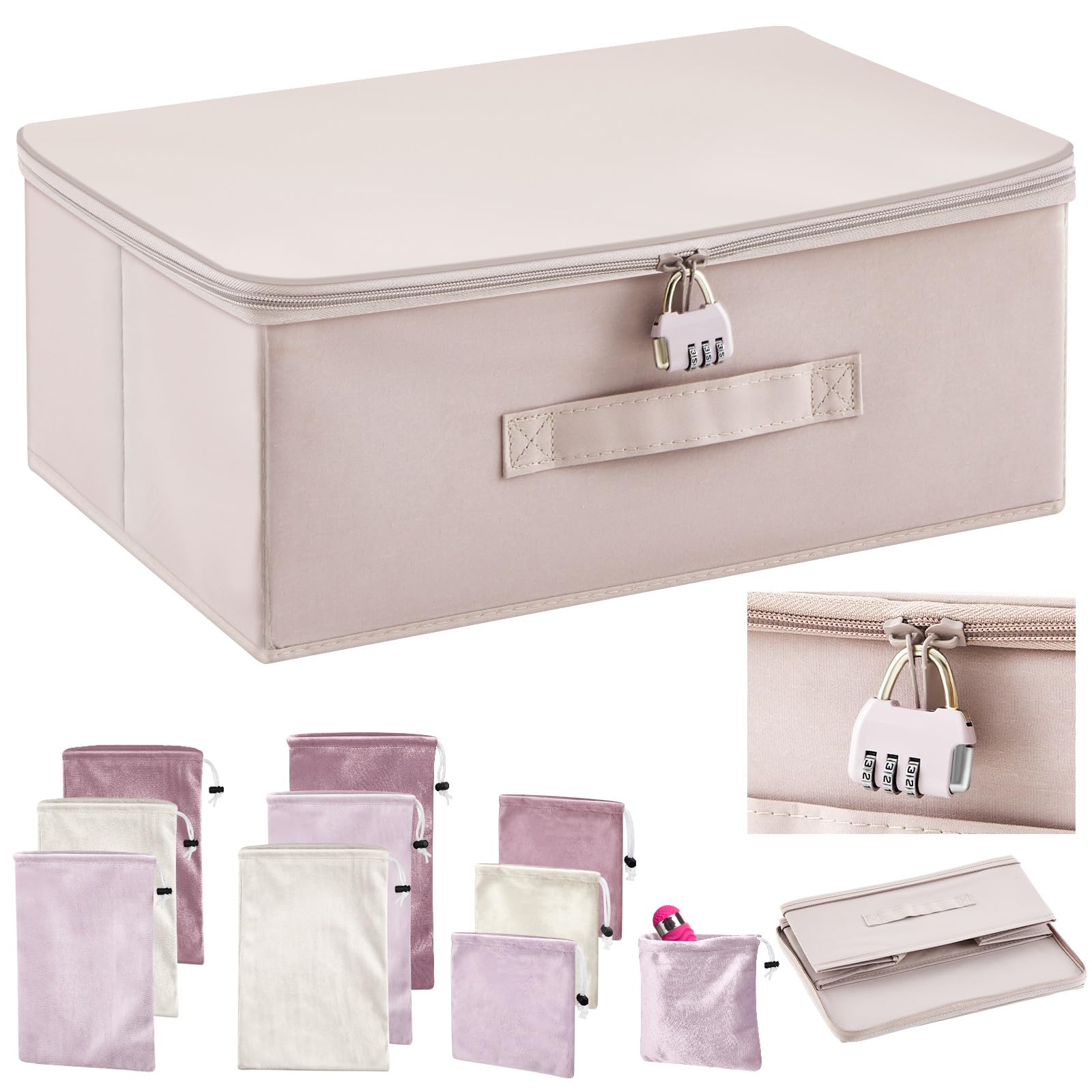 Photo 1 of 1 PC Discreet Lockable Adult Toy Bag Storage Organizer with 9 Pcs Toy Storage Drawstring Bags Organizer for Women and Men 3 Sizes, 15 x 10 x 6.3 Inches Lockable Box Travel Container(Pink Gray)