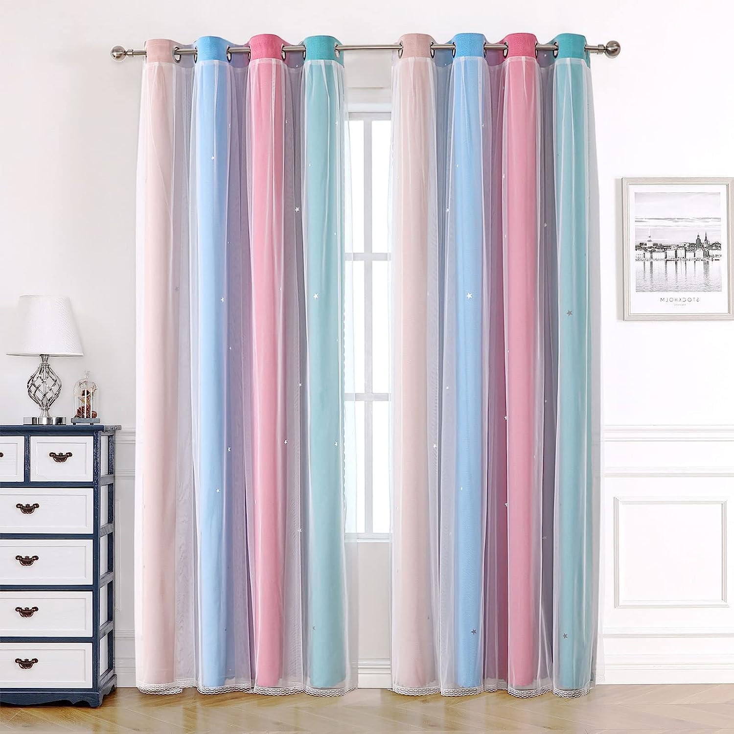 Blackout Curtains for Living Room, Bedroom, Nursery - Thick Eyelet Thermal for Winter, Voile Net for Windows - 2 Panels 52 x 54 Inch Drop Pink Grey Rainbow