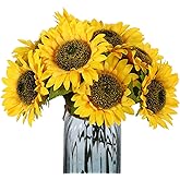 Xosjska 10 Pack Artificial Sunflower Stems Fake Silk Sunflower with Long Stem Bouquet Faux Sunflowers Arrangement for Wedding Party Bulk Yellow Centerpieces Home Decor (Yellow)