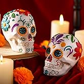 Colingmill 2 Pcs 4.33 Inch Day of The Dead Skull Sugar Skull Statue Resin Figurine Multicolor Floral Skeleton for Home Table Day of The Dead Halloween Decoration