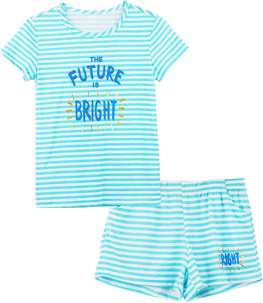 Summer Pajamas for Girls – Stripe & Glittering Heart PJS Pal Cute Jammies Set Big KidsSize 6-16