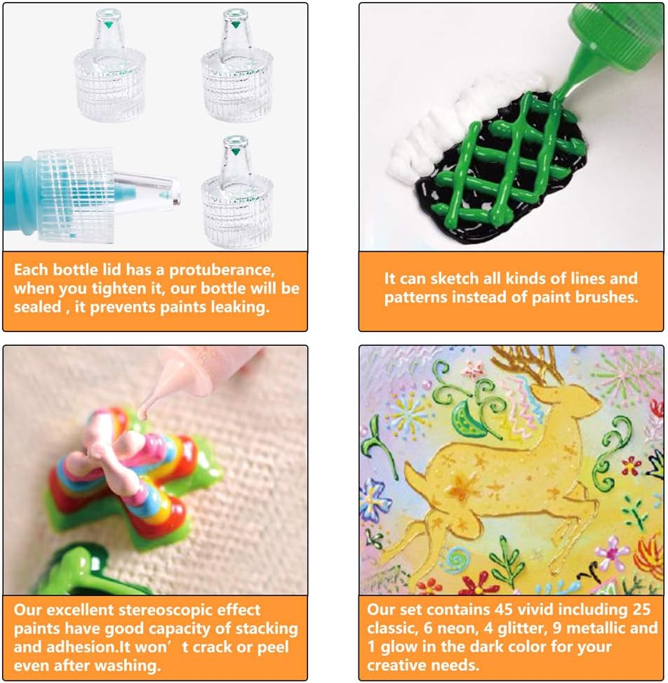 Shuttle Art 45 Colours 3D Fabric Paint Set, Permanent, Glow in The Dark, Glitter, Metallic, With Brushes, Pen, Sheet - Image 5