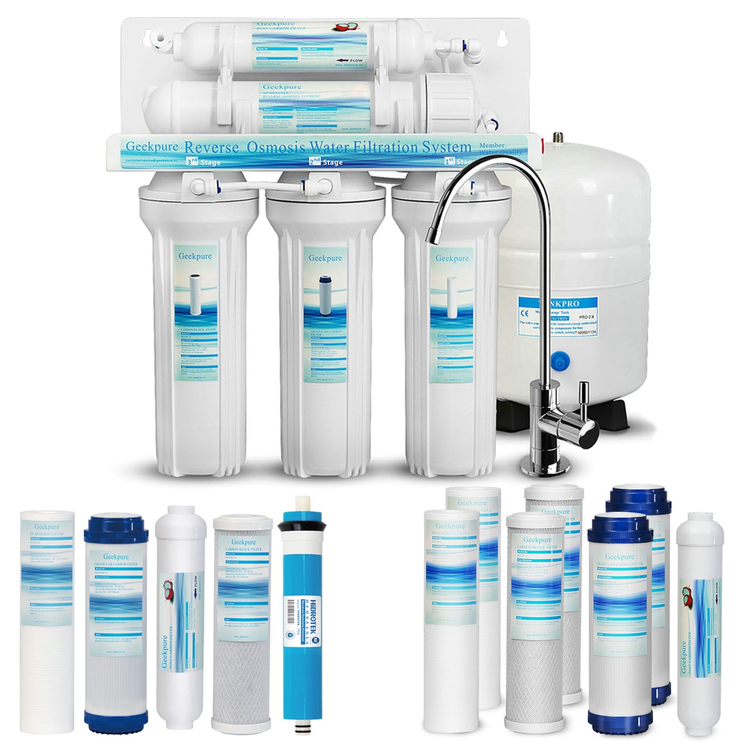 Geekpure 5 Stage Reverse Osmosis Drinking Water Filter System 75GPD - Plus Extra 7 Filters