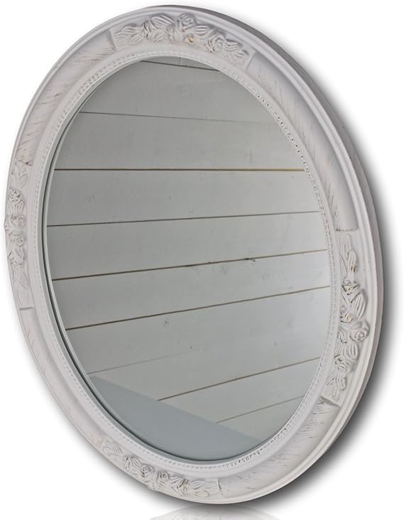 elbmöbel Wandspiegel Oval in weiß antik mit Leichter Patina 47 x 57cm