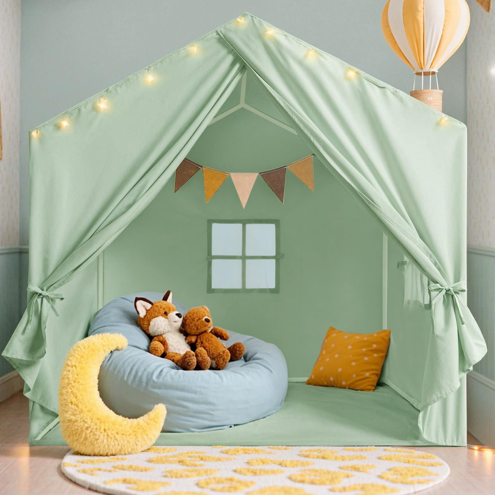 Photo 1 of Kids Tent, Play Tent with Star Lights, Large Play Tents with 2 Windows, Kids Playhouse Indoor & Outdoor, Reading Nook, Christmas Toddler Tents for Girls & Boys, 52" x35" x 51", Green