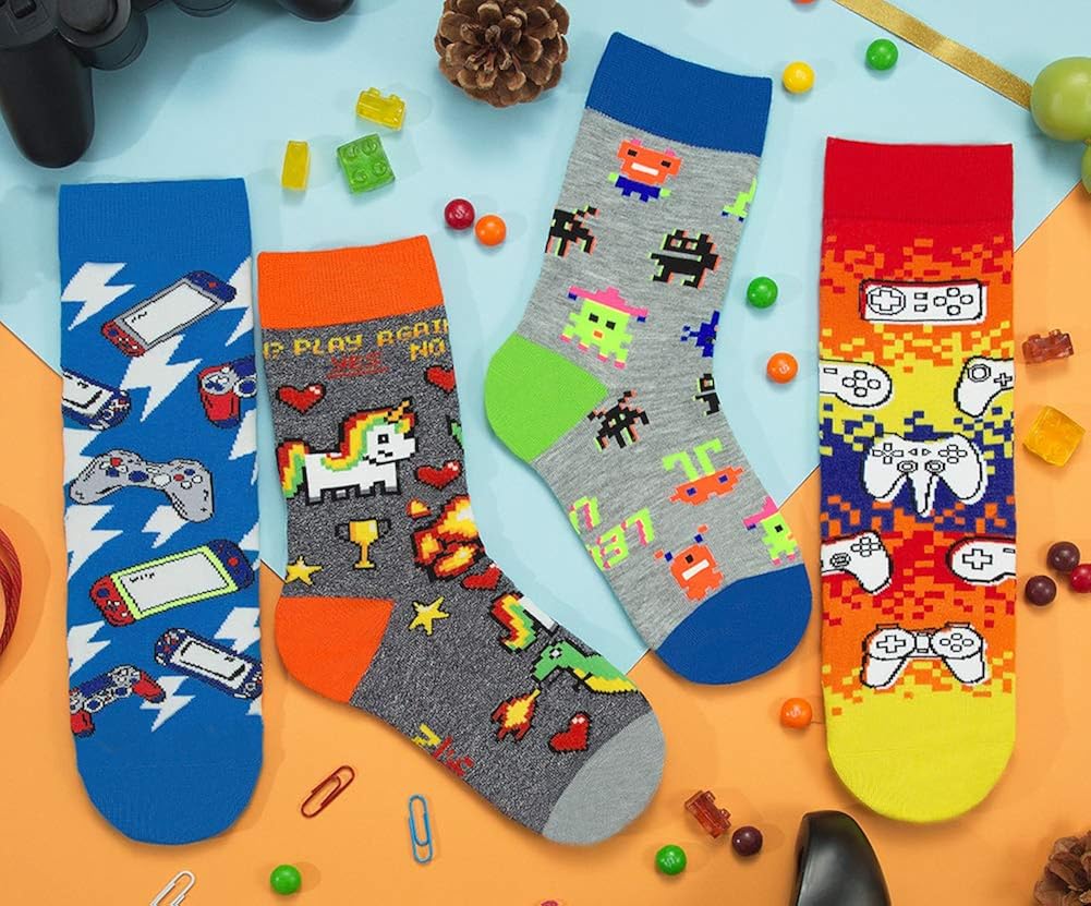 4 Pack Kids Boys Girls Novelty Crew Socks Funny Cartoon Cute Animal Food Avocado Pineapple Cat: Clothing