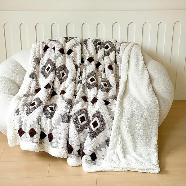 UKELER BOHO SHERPA FLEECE BLANKETS 80” × 90”, ULTRA SOFT AZTEC QUEEN BLANKET FOR ALL SEASON, COZY, PLUSH, BOHEMIAN THROW BLANKETS FOR BED/COUCH/SOFA/OFFICE/CAMPING, DARK COFFEE