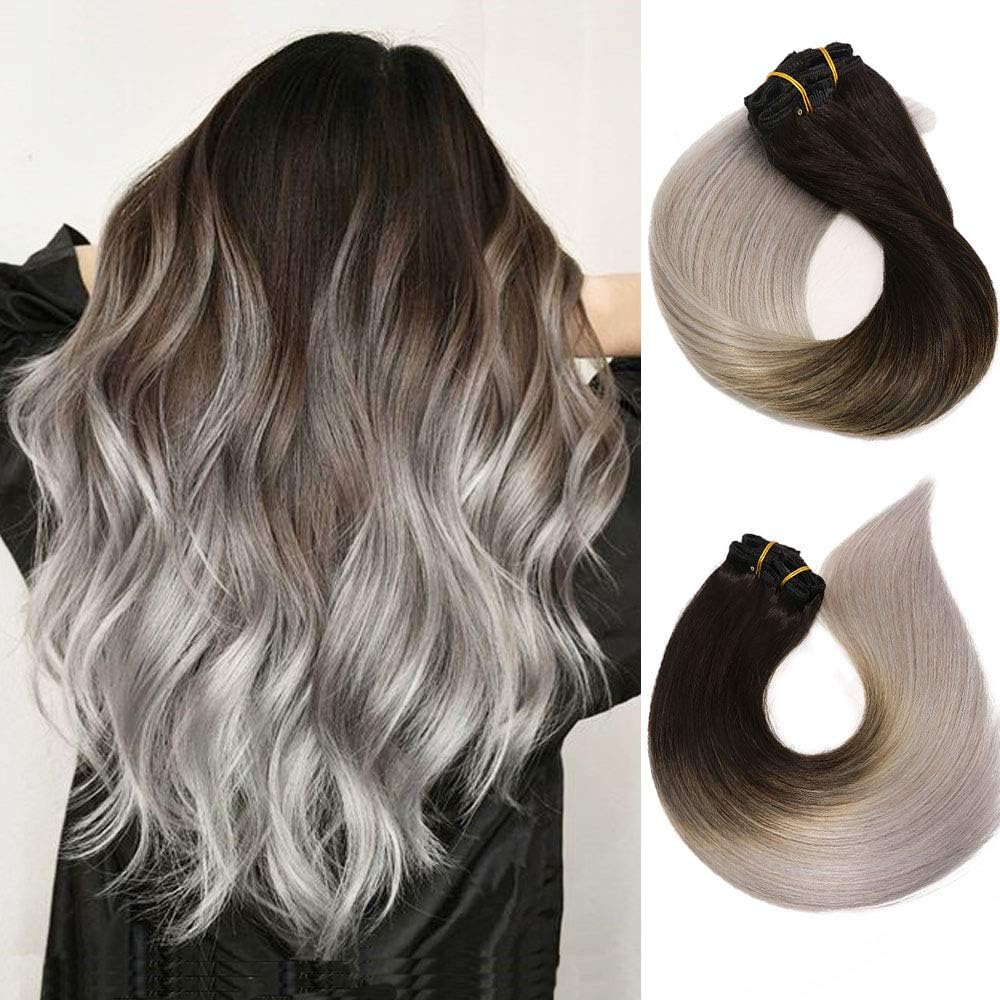 Clip In Hair Extensions Human Hair Ombre Hair Natural Black Fading to Silver Gray Brazilian Hair 120g 7pcs Per Set Remy Hair Full Head Silky Straight Human Hair Clip In Extensions 20 Inch