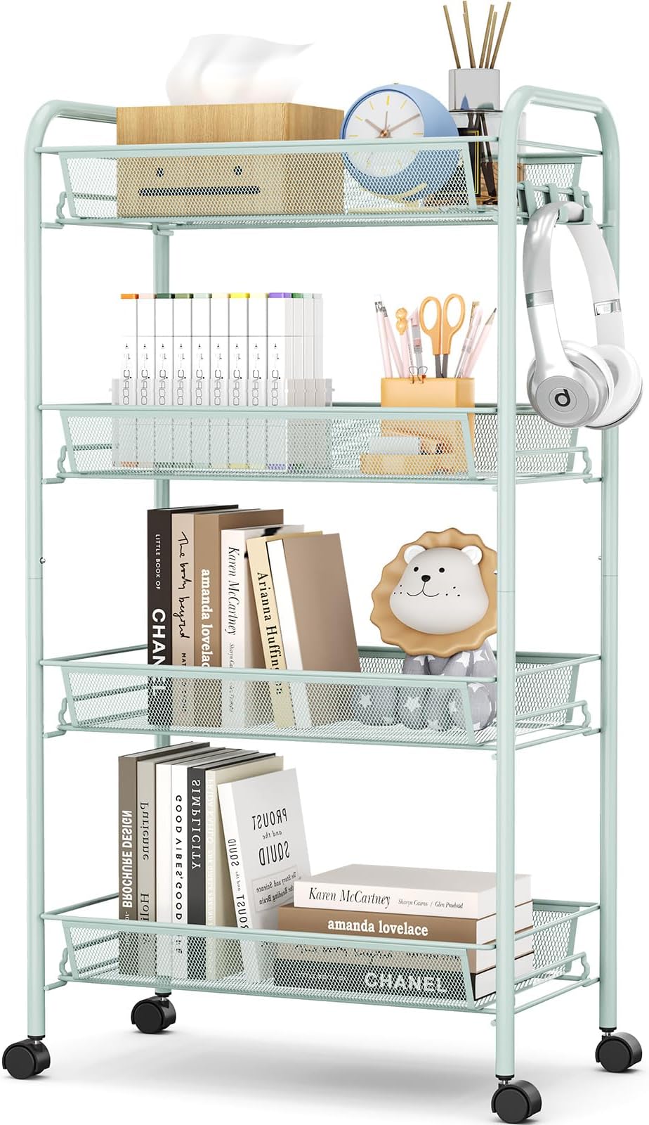 4-Tier Rolling Cart On Wheels Green Easy Assembly