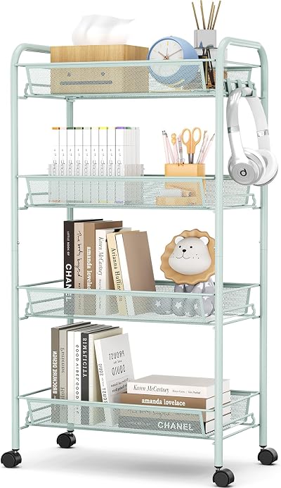 4-Tier Rolling Cart On Wheels Green Easy Assembly