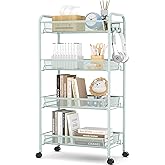 TOOLF 4-Tier Rolling Cart, Metal Utility Cart with 3 Hooks, Easy Assemble Mobile Storage Trolley On Wheels, Slide Out Shelvin