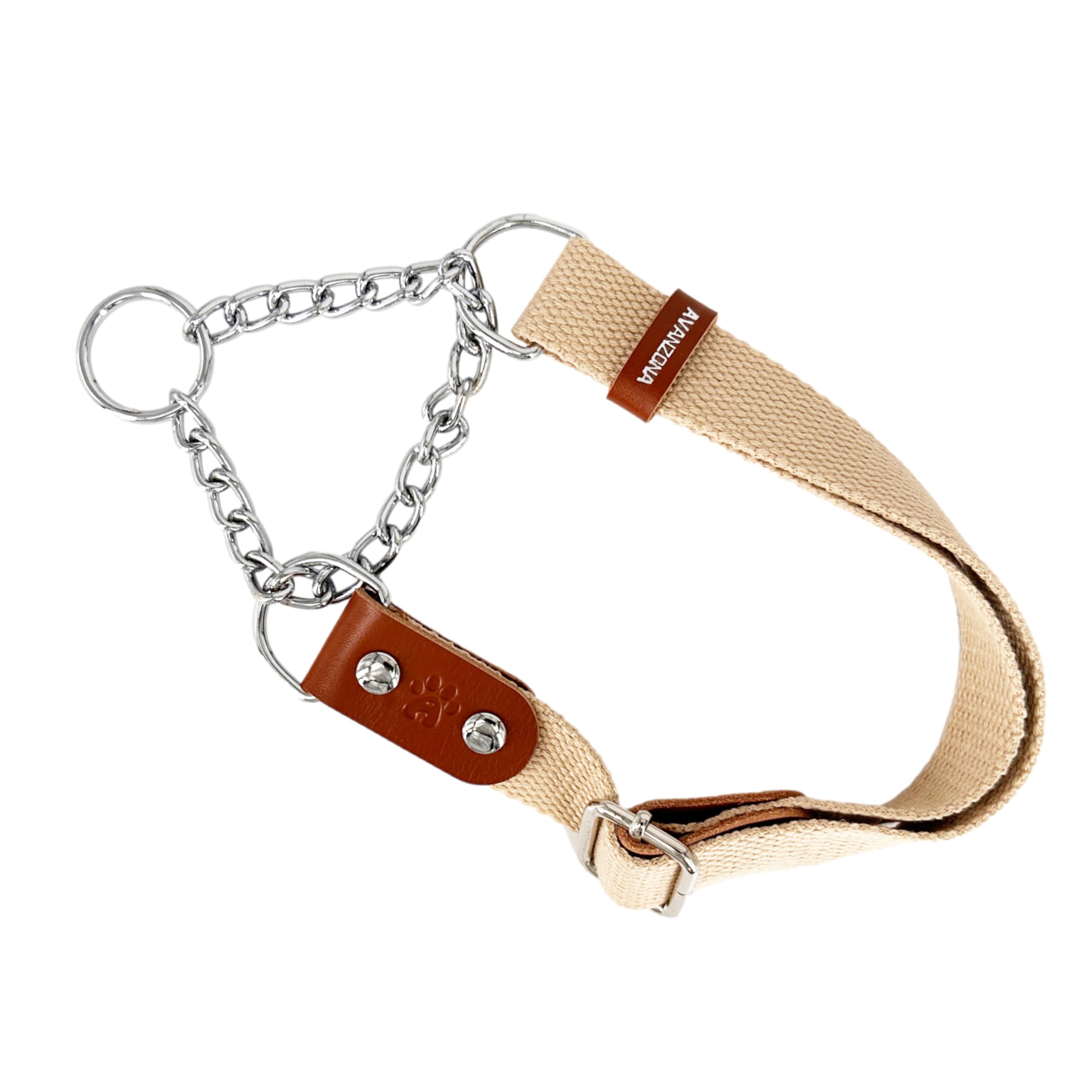 Dog Martingale Choke Collar with Chain and Leather, Antipull. L. Beige & Cognac