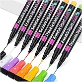 Magnetic Wet Erase Markers, Liquid Chalk Markers Ultra Fine Tip for Acrylic Calendar, Whiteboard Marker with Erasers Cap for Planning Board, Clear Glass, Low Odor Fine Tip Wet Wipe Pens, 8 Pack