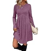 OFEEFAN Long Sleeve Dress for Women Crew Neck Empire Waist Tunic Dress with Pockets