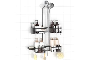 REINHARDT Shower Caddy Hanging for Handheld Showerheads Adjustable Split Shower Caddy, Rustproof Shower Organizer with Hooks for Razors Over the Head Caddy with Soap Holder Bathroom Accessories, Black