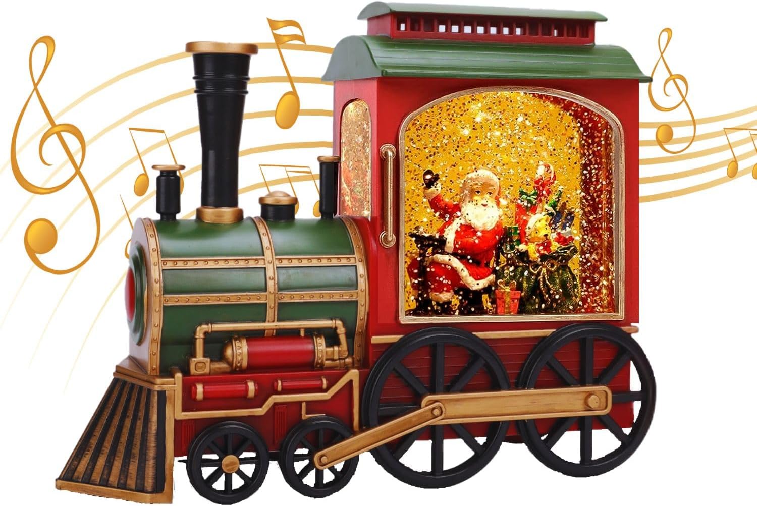 Snow Globes - Joyriver Christmas Snow Globe Lantern Train Locomotive Santa with LED Light Glittering Timer and Music, USB or Battery Operated Home Decoration Gift for Family and Friends Brown Red Green