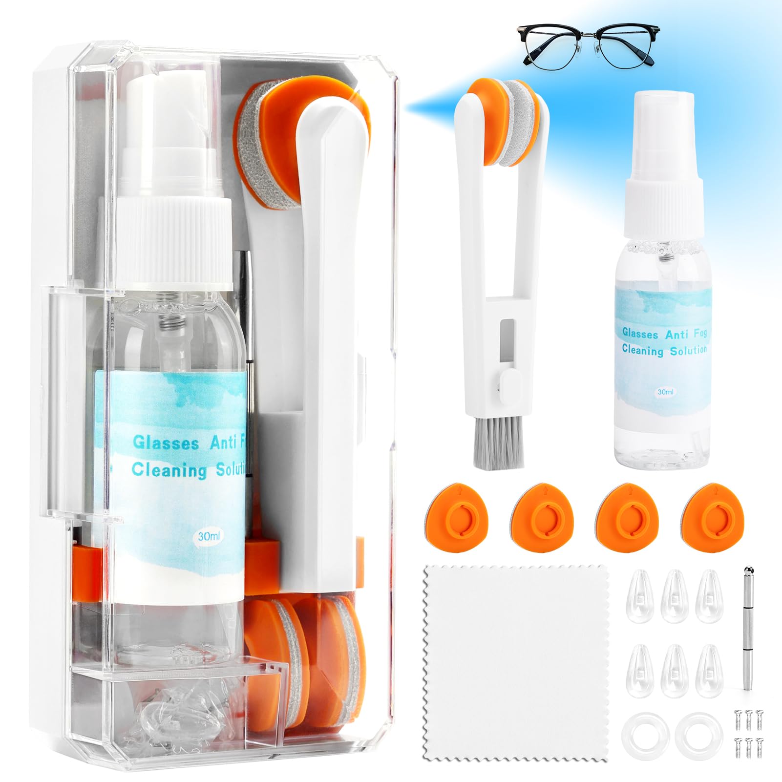 Glasses Cleaner, Glasses Cleaning Kit with Eyeglass Cleaner Spray, Eyeglass Lens Cleaner, Microfiber Cleaning Cloth,Portable Eyeglass Repair Kit with Screws, Safe for All Lens(White)