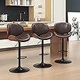 KCC Bar Stools Set of 3, Swivel Adjustable Height Barstools, PU Leather Upholstered Bar Chairs with Footrest, Bentwood Bar Stool for Kitchen, Bar, Dining Room(Brown PU)