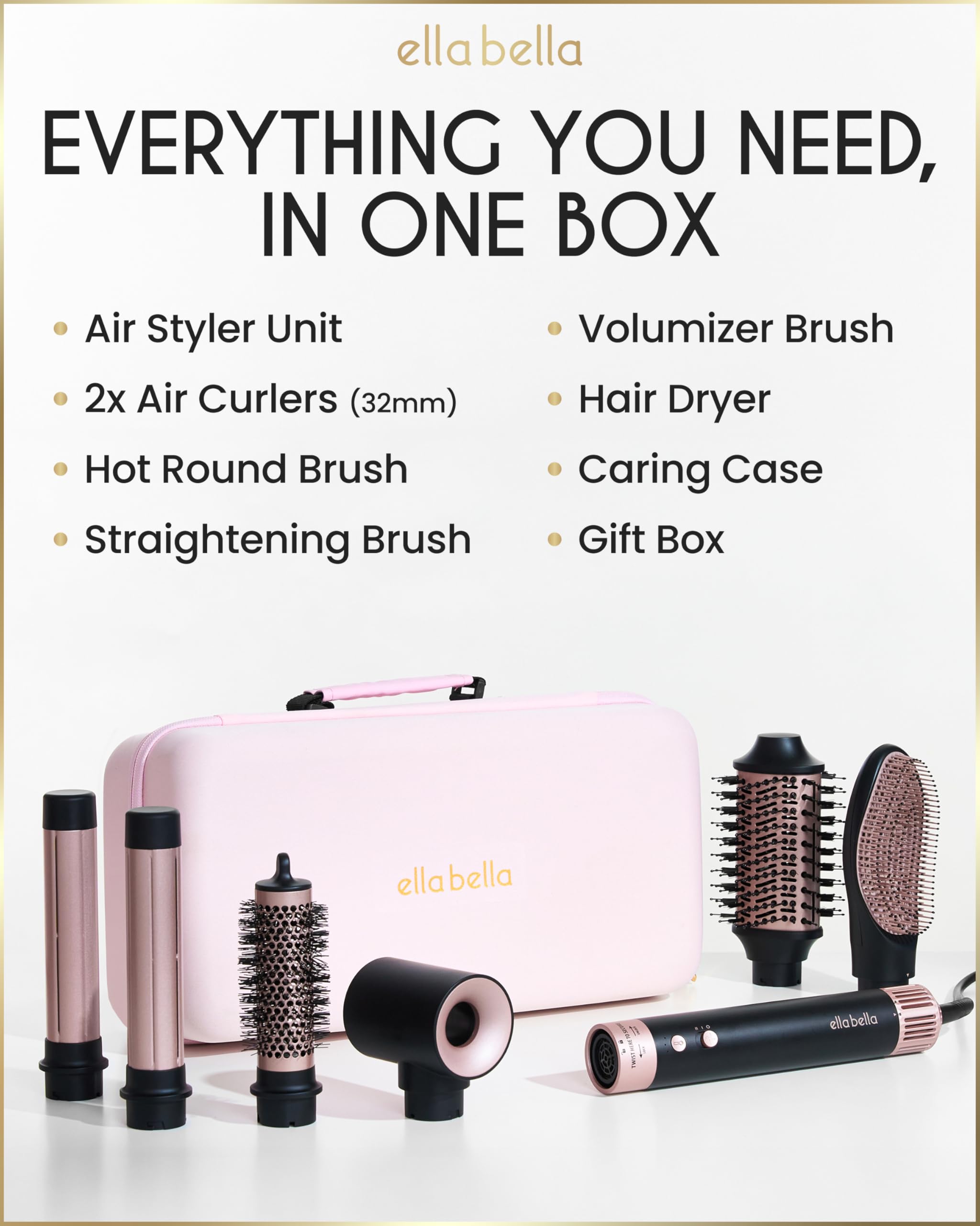ELLA BELLA® 6 in 1 Professional Hot Air Styler • Powerful Hair Dryer & Straightener Set • Styling Without Heat Damage • Fast Drying Curling Volumizing Straightening • Includes Protective Travel Case