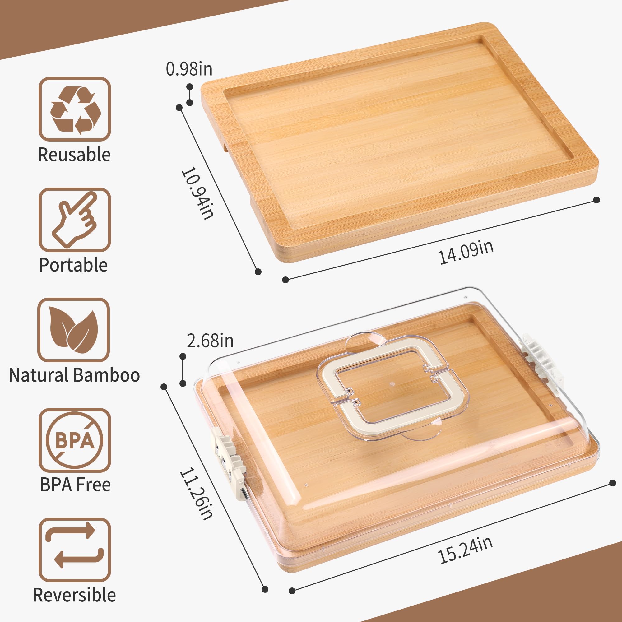 CAWIU Charcuterie Board with Lid and Handle - Portable Travel Design Bamboo Cheese Board Set with 4 Cheese Tools, Gift for Housewarming, Weddings, Picnics (1 Compartment, White)