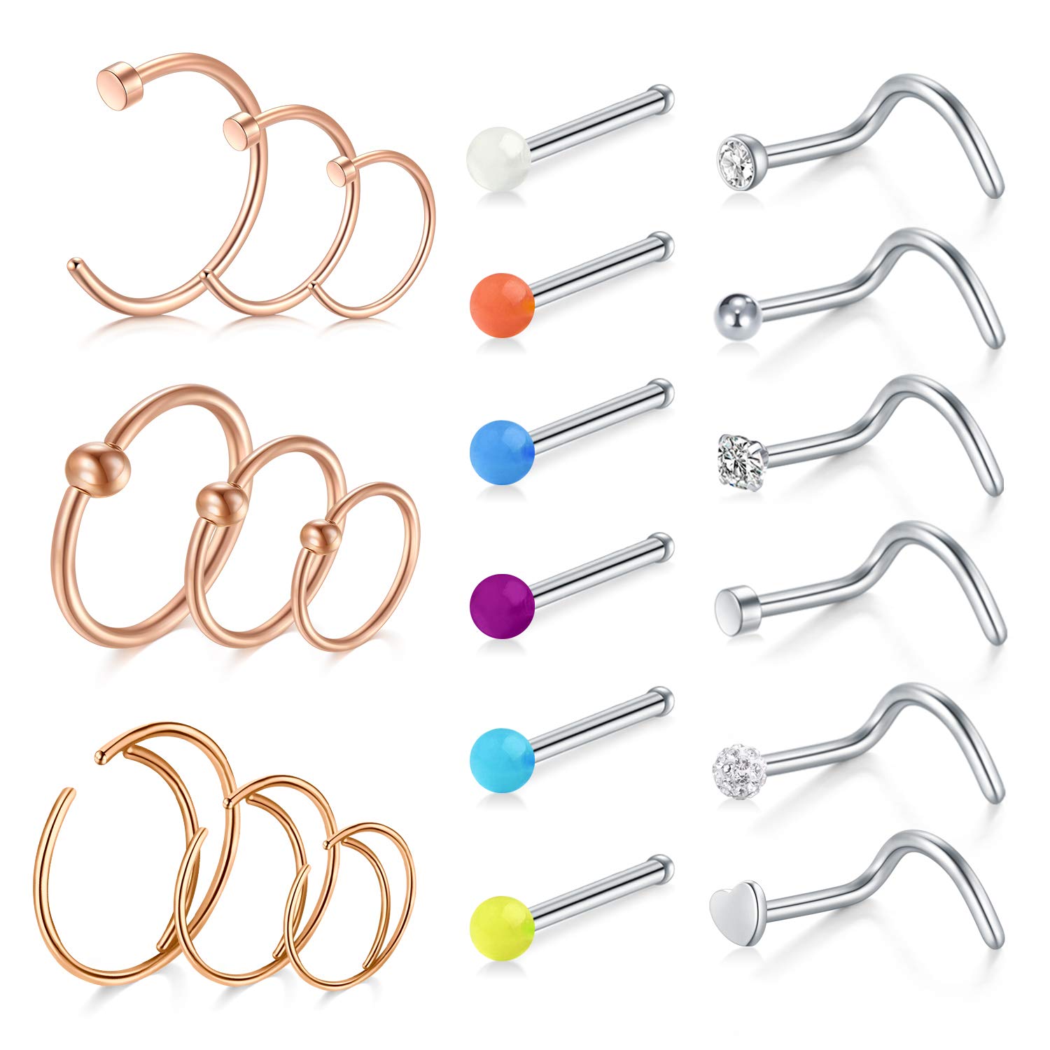 AceFun Nose Rings Set 20G Surgical Steel Nose Hoop Nose Studs Nose Screw 21PCS Nose Piercing Jewelry for Women Men