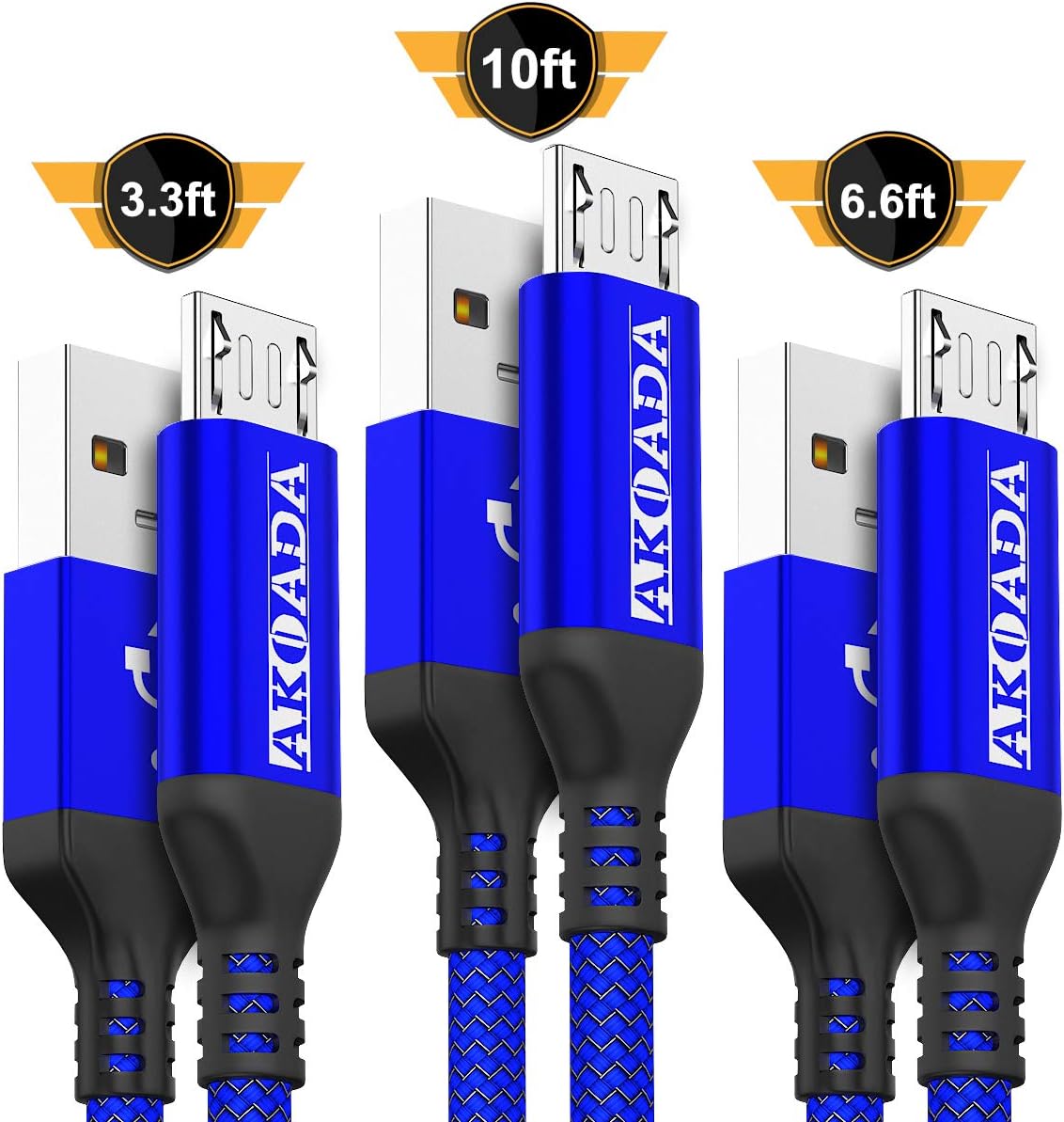 Micro USB Cable Android, AkoaDa 3-Pack (10ft+6.6ft+3.3ft) Micro USB to USB A Fast Charger Nylon Braided Cord Compatible with Samsung Galaxy S6 S7 J7 Edge Note 5, LG, Kindle, PS4, Moto G5, Sony(Blue)