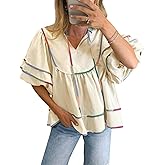 Cicy Bell Womens Summer Babydoll Tops V Neck Short Lantern Sleeve Shirts Cute Loose Fit Peplum Flowy Blouses