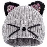 Cat Ear Beanie for Girls, Cute Cat Kids Winter Beanie Hat, Knitted Beanies Hats Ski Skull Cap for Girls Kids Aged 7-14T