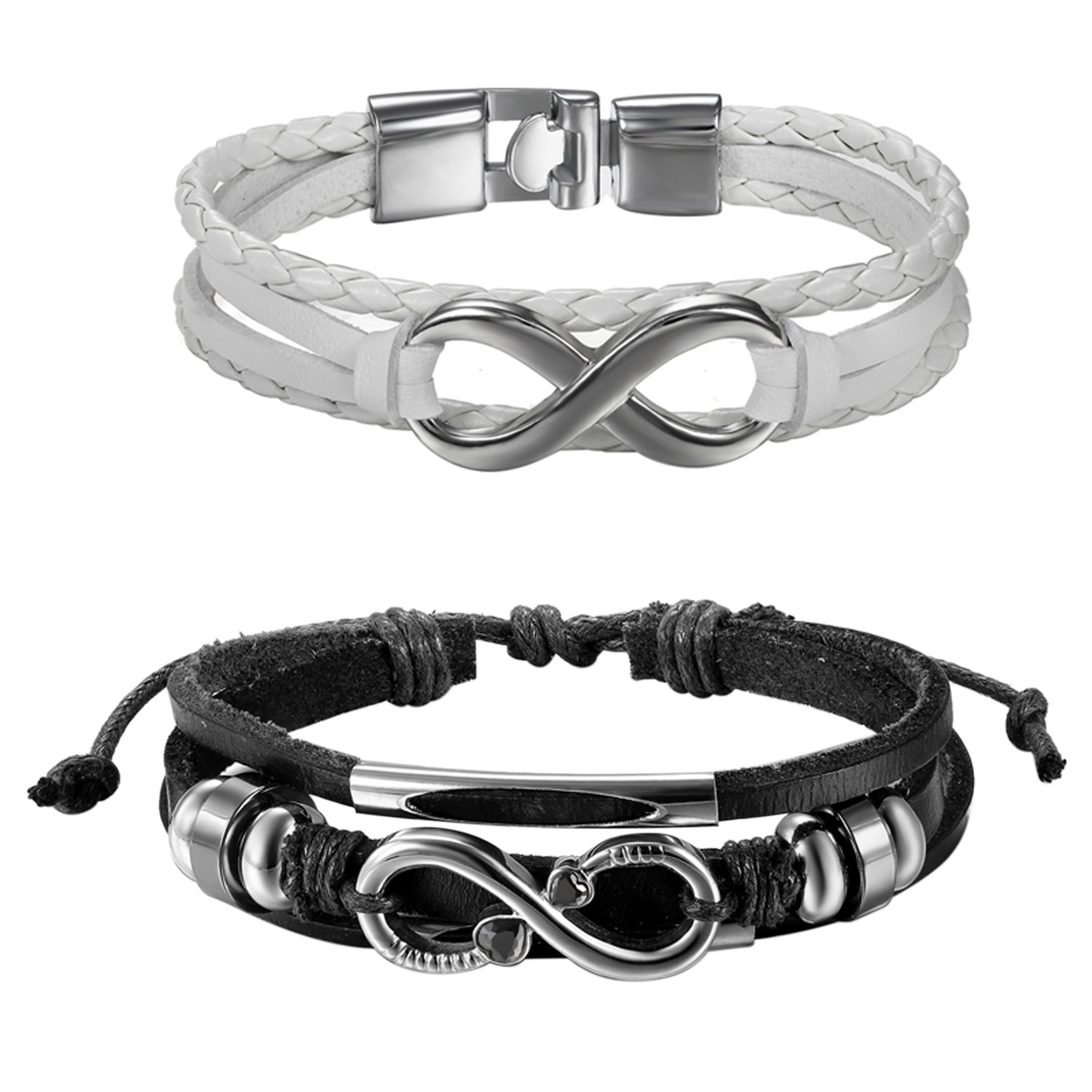 Leather Braided CZ Endless Love Infinity Link Bracelets for Men Women,Black White