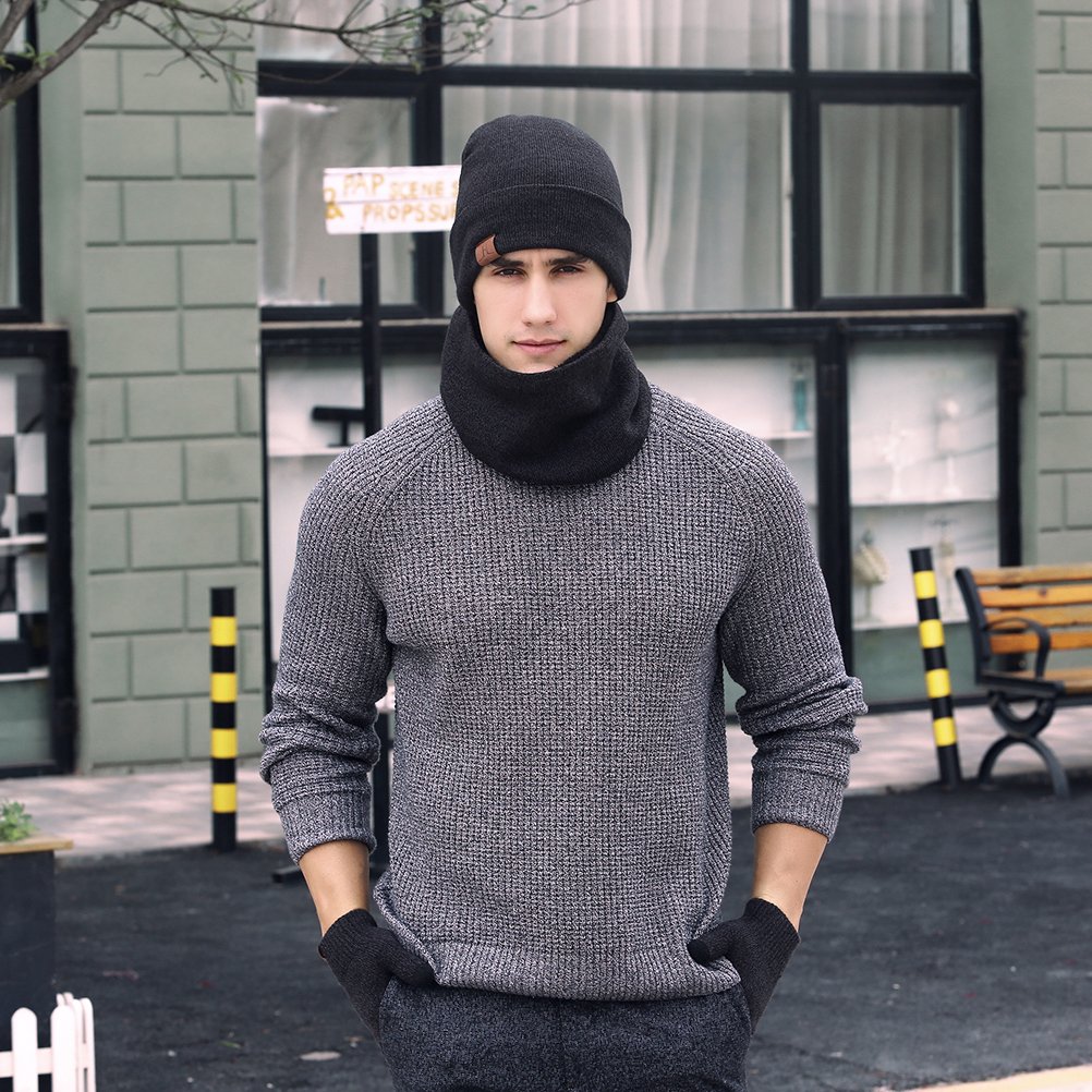 Winter Warm Beanie Hat Scarf Dark Grey 