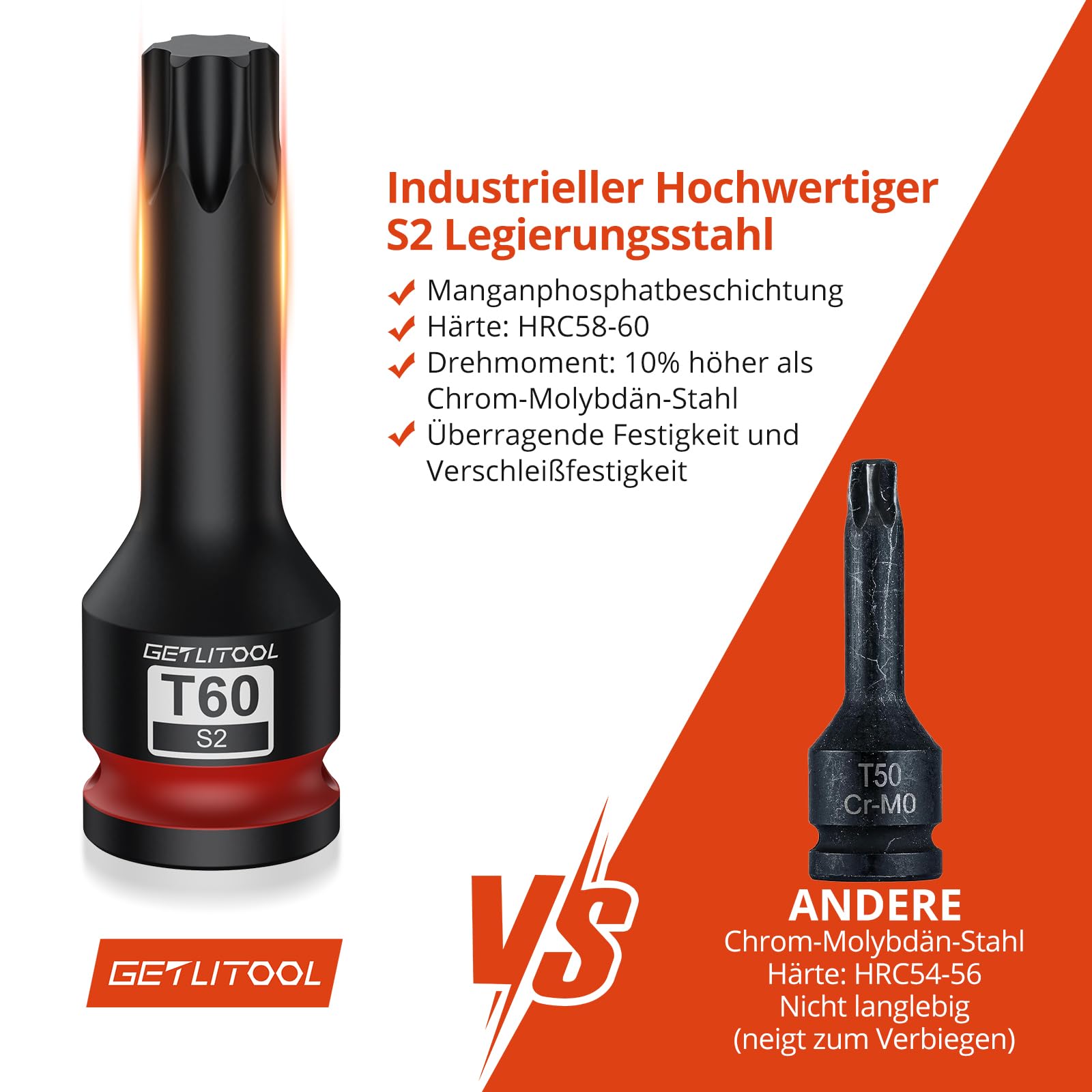 GETLITOOL 1/2" Kraft Torx Bit Schlagschrauber Nüsse Satz, 10tlg S2-Stahl Bit Einsatz Satz T25 - T80, Länge 78 mm Steckschlüsselsatz für Torx Schrauben 3