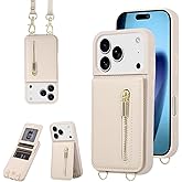 KYFSJPT Crossbody Wallet Case for iPhone 17 Pro, with Card Slots Zipper Pocket Case, Flip Folio Purse RFID Blocking with Detachable Strap-Beige