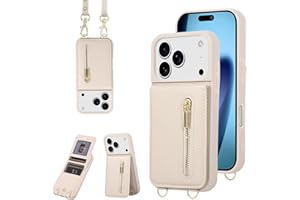 Jcxtrombulous Crossbody Wallet Case for iPhone 17 Pro with Lanyard Strap Card Slot Holder RFID Blocking Kickstand,Magnetic Flip Folio Zipper Purse Case, PU Leather Cover Handbag,Beige