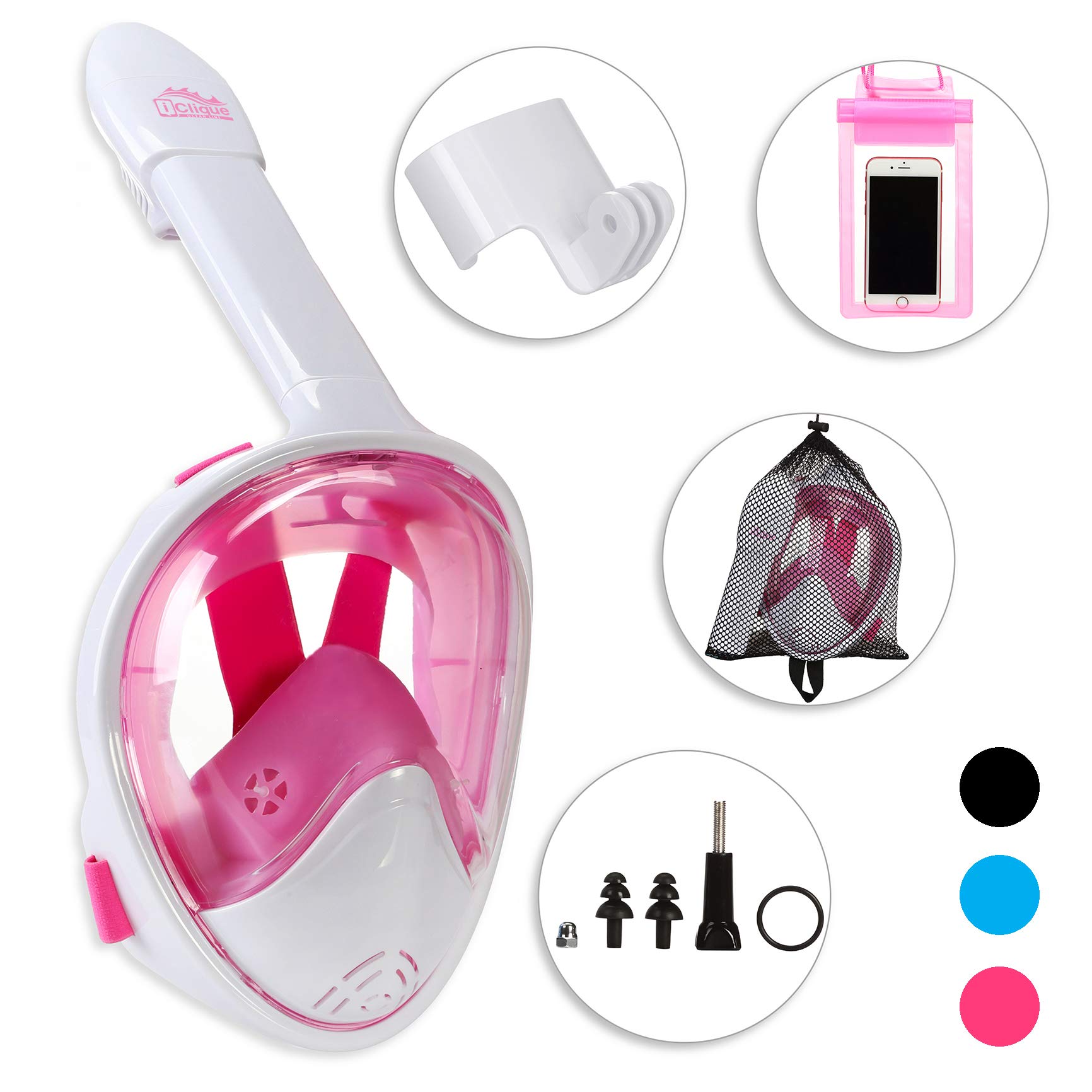 iClique Full Face Snorkel Set - Scuba Diving Mask with Tubeless Anti-Fog Anti-Leak Design - 180 ° Panoramic Viewing - Free Swimming Waterproof Case for Phone Earplugs - GoPro Adapter (Pink)