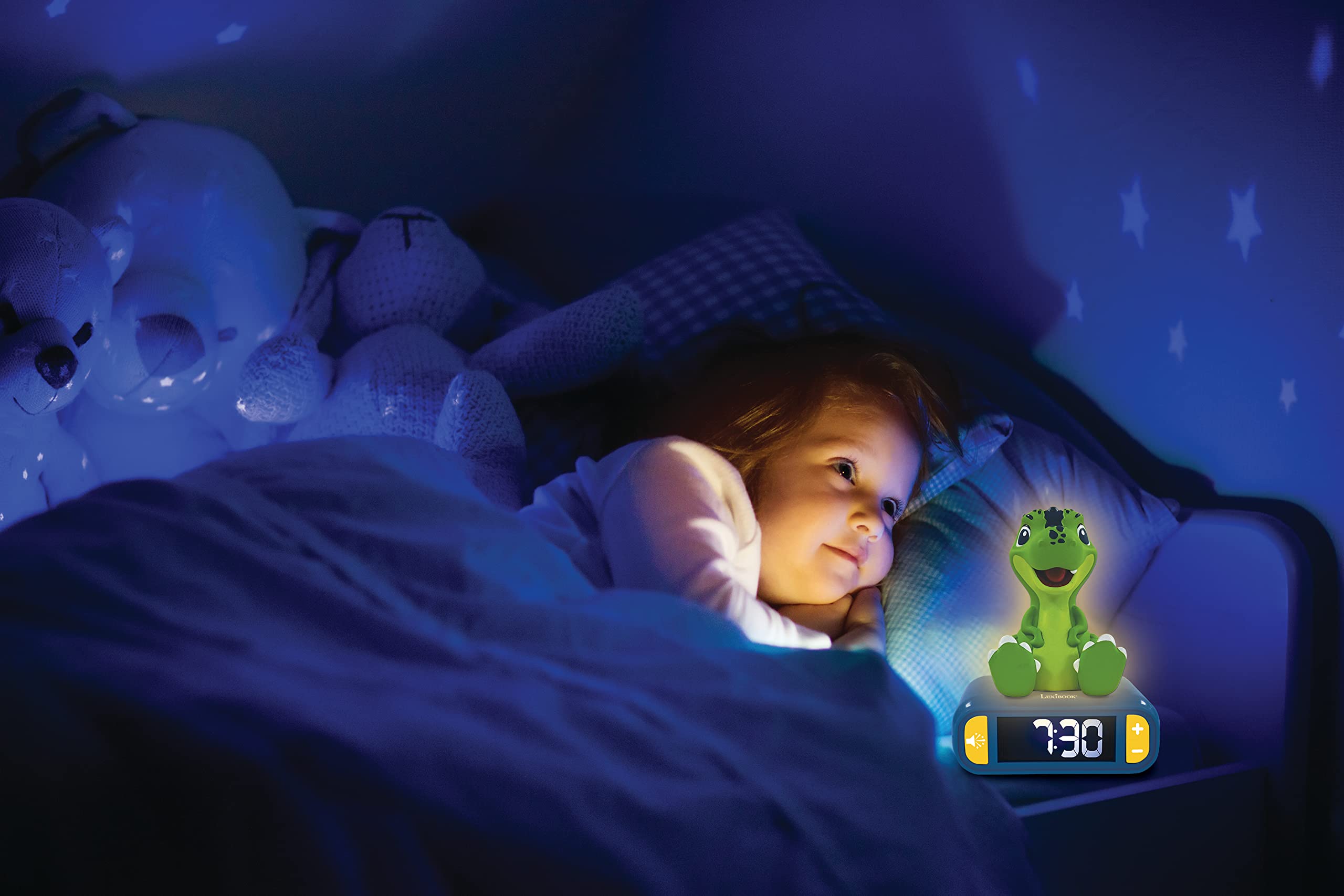 LEXiBOOK - Dinosaur Nightlight Alarm Clock, Clock, Alarm Clock for Boys and Girls, Snooze, Blue/Green - RL800DINO