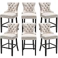 Set Of 4 Velvet Bar Stools – 26 Inch Counter Height, Button Tufted Back, Rivet Trim, Mid-Century Style (Beige)