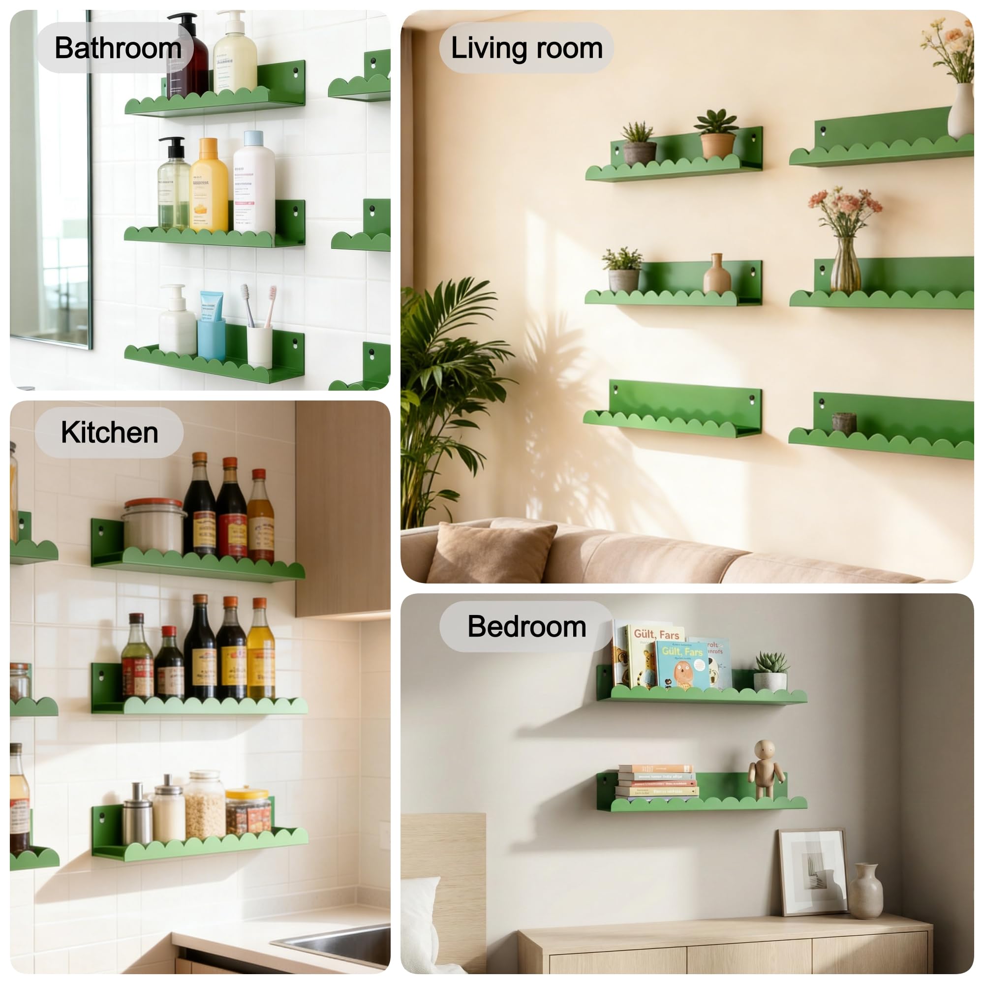 FESTLOVE Nursery Book Shelves Set of 6, Green Metal Floating Shelves for Wall, 16 Inch Scalloped Book Shelf for Kids Room, Bathroom, Bedroom, Playroom Wall Decor & Storage