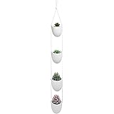 White Ceramic Rope Hanging Planter Set with 4 Flower Pots Plant Containers, Decorative Display Bowls