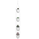 White Ceramic Rope Hanging Planter Set with 4 Flower Pots Plant Containers, Decorative Display Bowls