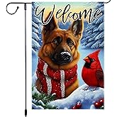 German Shepherd Garden Flag 12x18 Inch Double Sided Welcome Winter Dog with Scarf Cardinal Yard Flag Christmas Holiday Outdoor Burlap Small Seasonal House Banner for Porch Lawn Decor