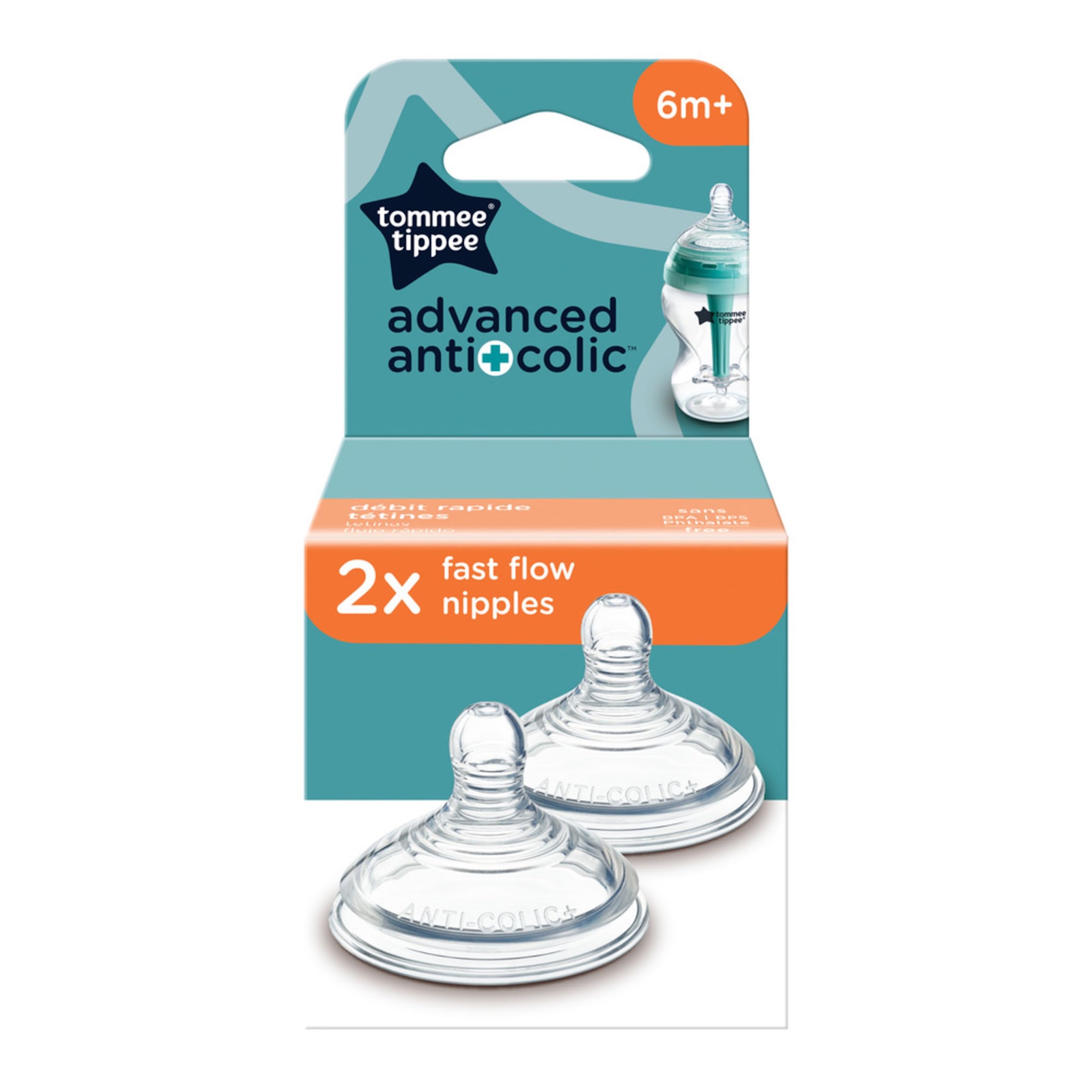 Tommee Tippee Advanced Anti-Colic Baby Bottle Nipples, Breast-Like for A Natural Latch, Soft Silicone, Medium Flow, 3+ Months, Pack of 2