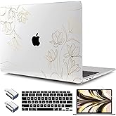 TWOLSKOO for MacBook Air 13.3 inch Case 2021 2020 2019 2018 Release M1 A2337 A2179 A1932 with Touch ID, Plastic Hard Shell Case & Keyboard Cover & Type C Adapter, Gold Florals