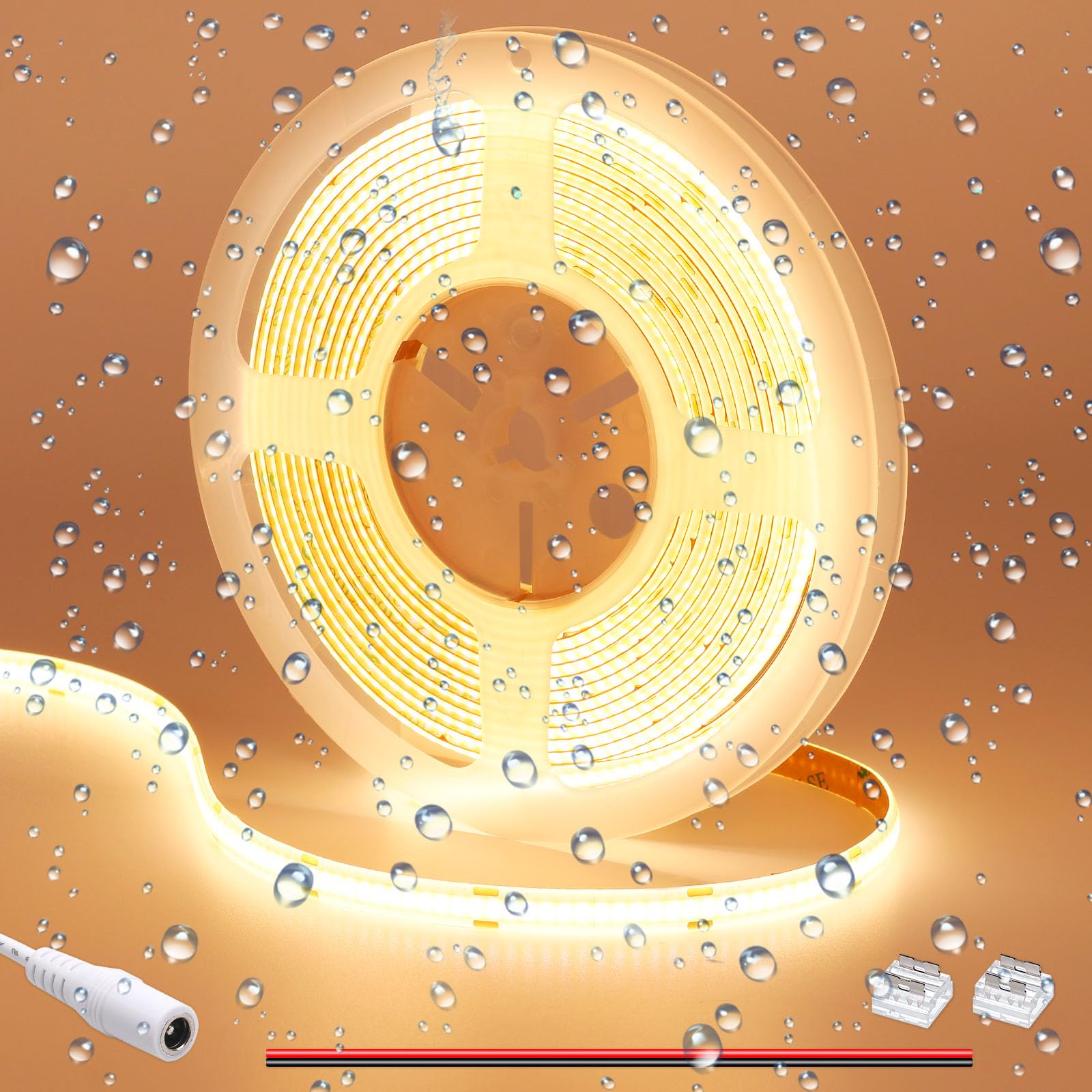 GOMING DC 12V COB LED Strip Light Warm White 3000K IP65 Waterproof 16.4ft(5M) 1560LEDs CRI 93+ Uniform Glow Flexible LED Tape Lights for DIY Bedroom Kitchen Home Decor(No Power Supply)