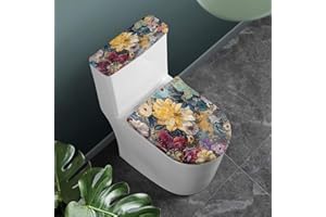 Flashideas Colorful Flowers Toilet Lid Covers and Tank Cover Set Soft Plush Seat Covers Tank Lip Covers Easy to Clean Bathroom Decoration Accessories Machine Washable
