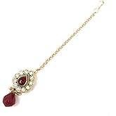 Duel On Jewel Traditional Indian Maang Tikka Matha Patti Forehead Headpiece for Women, Gold Plated Bridal Hair Dance Party Jewelry in Kundan CZ Red Green White Stones, Teardrop Charms, 4.25-5.5 Inch
