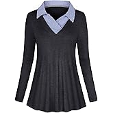 Women's Long Sleeve Contrast Collar Shirt A-line Pleated Office Tunic