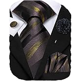 Hi-Tie Mens Tie Set Silk Striped Woven Necktie with Lapel Pin Pocket Square Cufflinks Set for Wedding Party