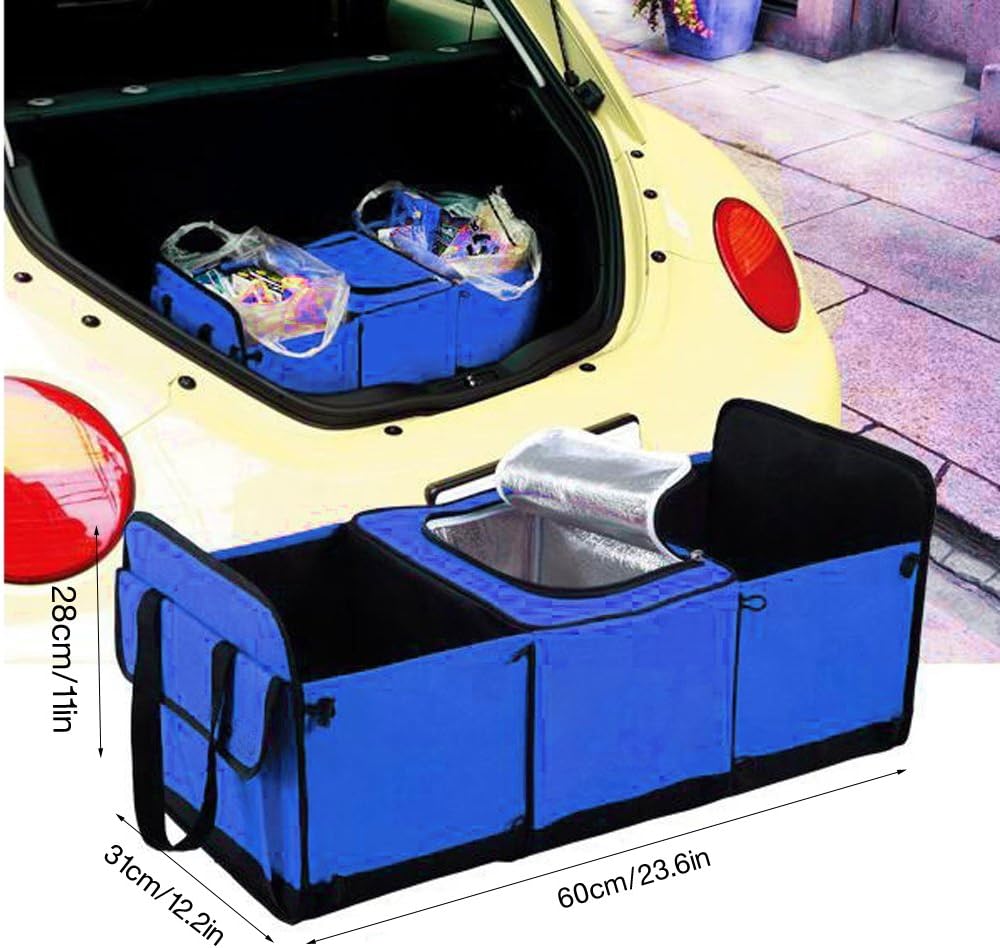 Deler Foldable Multi Compartment Fabric Car Truck Van SUV Storage Basket Trunk Organizer and Cooler Set (Three Compartments, Blue)