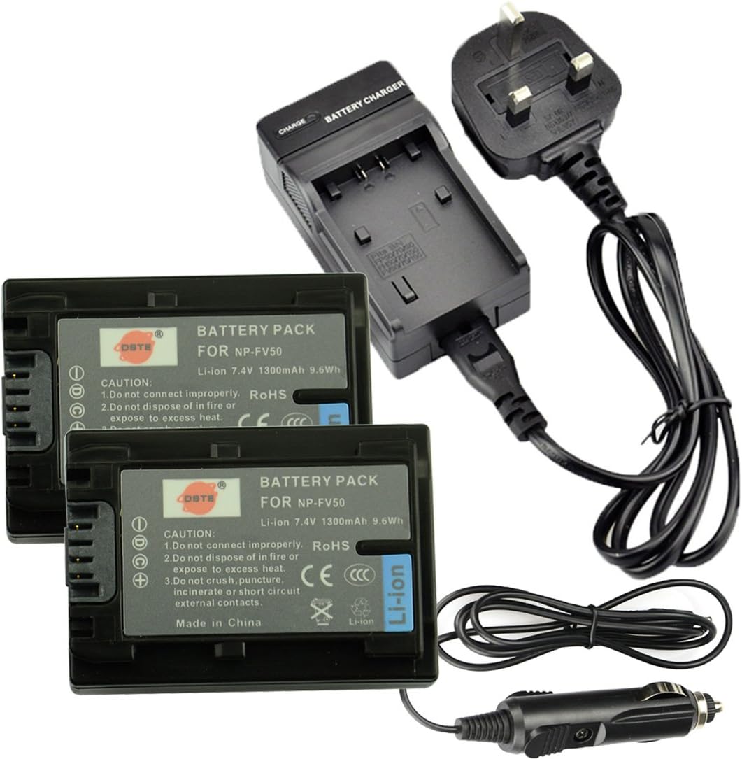 DSTE 2pcs NP-FV50 Replacement Li-ion Battery + Charger DC04U Compatible for Sony HDR-CX220, HDR-CX230, HDR-CX290, HDR-CX330